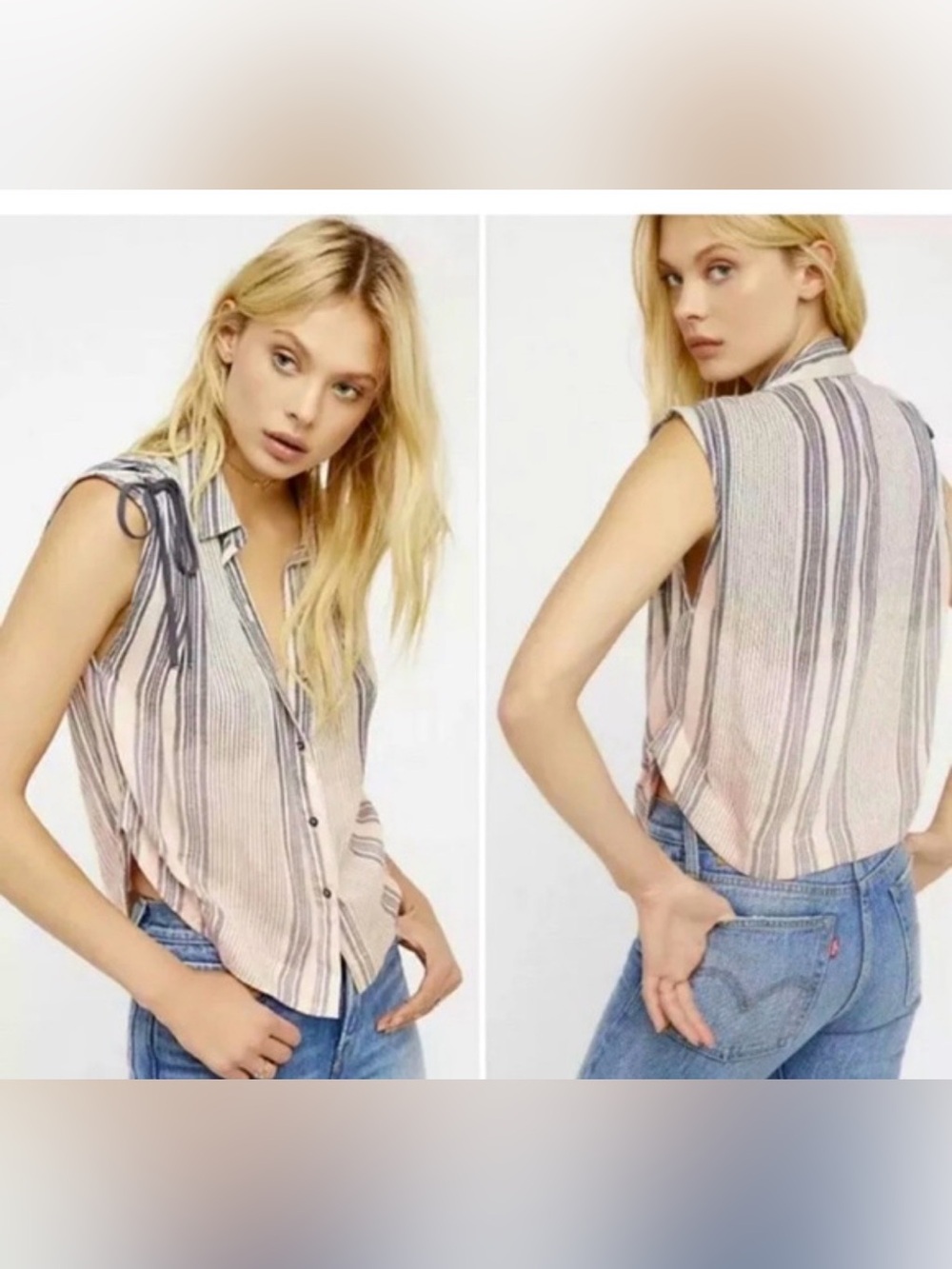 Free People button down striped blouse grey and pink ombré size small